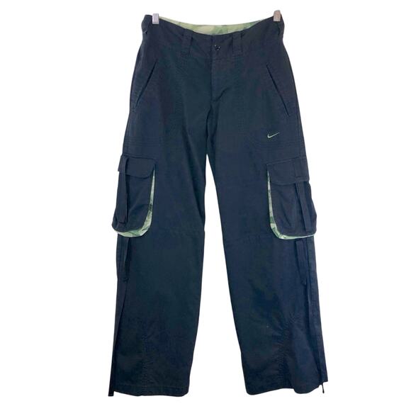 Y2k Vintage Nike Dri Fit Black Cargo Pants Green Camo Trim Roll Cuffs Pockets - Picture 3 of 16